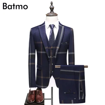 Batmo 2021 новое поступление высококачественный плед однобортный темно-синий повседневные костюмы мужские, мужские свадебные платья, большой размер S-5XL 6102