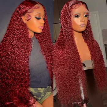 Deep Wave 99j Бордовые кружевные передние парики из натуральных волос 13x4 Кружевной фронтальный парик Цветной кудрявый предварительно выщипанные бразильские волосы для женщин
