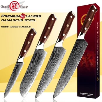 Grandsharp 1-4 шт. Набор кухонных ножей Японский дамасский нож Высокоуглеродистая нержавеющая сталь Повар Универсальные ножи Сашими Нарезка