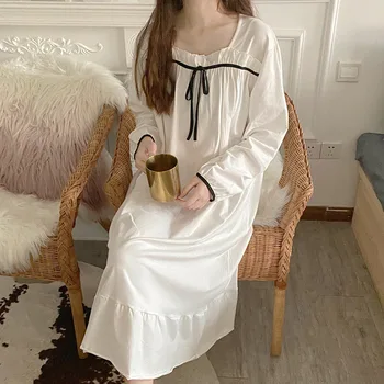 Kawai Sleepshirt Свободное ночное белье Белая ночная рубашка принцессы Придворный стиль Пижамы Lolita Квадратный вырез Домашний халат Верхняя одежда Изображение 1