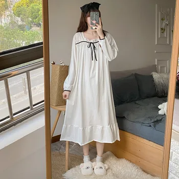 Kawai Sleepshirt Свободное ночное белье Белая ночная рубашка принцессы Придворный стиль Пижамы Lolita Квадратный вырез Домашний халат Верхняя одежда Изображение 2