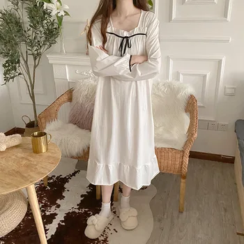 Kawai Sleepshirt Свободное ночное белье Белая ночная рубашка принцессы Придворный стиль Пижамы Lolita Квадратный вырез Домашний халат Верхняя одежда Изображение 3