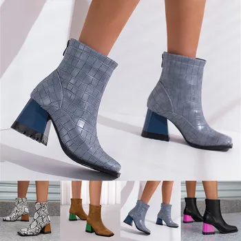 Ladies Fashion Colorblock Кожаная задняя молния Квадратный носок Коренастые ботильоны на высоком каблуке
