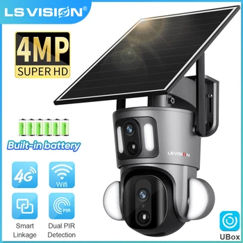 LS VISION 4MP Dual Screen Linkage Солнечная WiFi камера Наружная 4G Двойное ИК-обнаружение Камера видеонаблюдения с автоматическим отслеживанием человека Солнечная панель 9 Вт