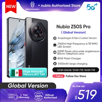 Nubia Z50S Pro 5G Глобальная версия 120 Гц AMOLED гибкий Последняя версия Snapdragon 8 Gen 2 Новейшая 50-мегапиксельная двойная камера 80 Вт Быстрая зарядка