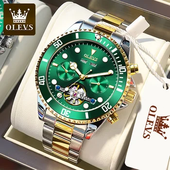 OLEVS Мужские автоматические часы Топ Роскошные многофункциональные светящиеся часы Green Water Ghost Скелетонизированный дизайн Механические мужские часы