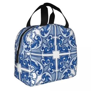  Tile Blue Портативная сумка для обеда с утолщенной изоляцией из алюминиевой фольги 8,5x5x8 дюймов Изображение 1