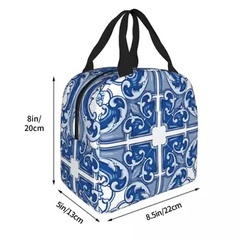  Tile Blue Портативная сумка для обеда с утолщенной изоляцией из алюминиевой фольги 8,5x5x8 дюймов Изображение 4