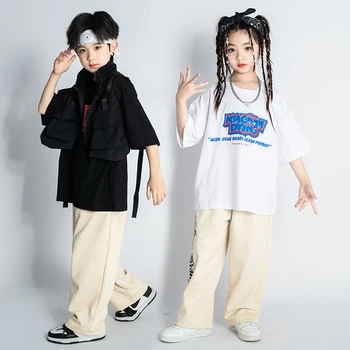 Дети показывают хип-хоп одежду черный жилет карго топ белый повседневный уличные брюки-карго для девочек мальчик джаз танцевальные костюмы одежда Изображение 0