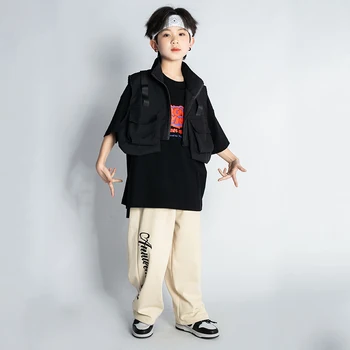 Дети показывают хип-хоп одежду черный жилет карго топ белый повседневный уличные брюки-карго для девочек мальчик джаз танцевальные костюмы одежда Изображение 3