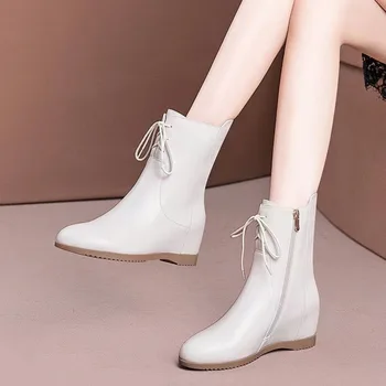 Женская обувь 2023 осень-зима Новые простые бежевые женские ботильоны Модные ботинки с круглым носком и шнуровкой на платформе Zapatos de Mujer