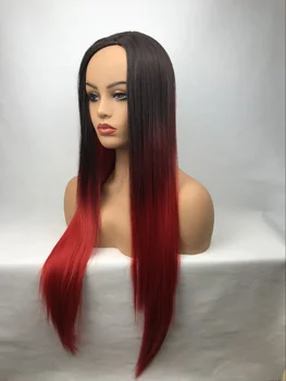 Женский парик Длинные прямые дамы Черный красный парик Парик из натуральных волос