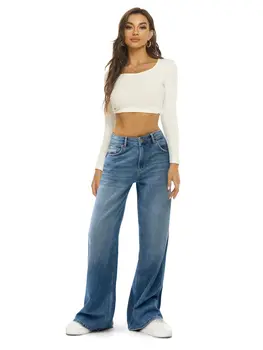 Женщины Мешковатые джинсы с высокой талией Джинсы Джинсы с широкими штанинами Боковой карман Прямые повседневные свободные брюки Классическая уличная одежда
