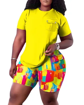  Лето Сексуальные Африканские Женщины С О-образным вырезом С Коротким Рукавом Полиэстер 2 шт. Топ Короткие Брюки Соответствующие Комплекты S-3XL Африканская Одежда Для Женщин