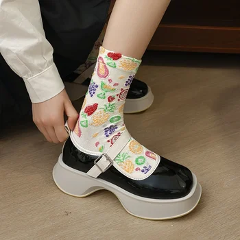 Новый корейский стиль Женские носки хлопок Harajuku Женские зимние носки Набор Кавайный цветочный принт Модная уличная одежда Симпатичный высокого качества