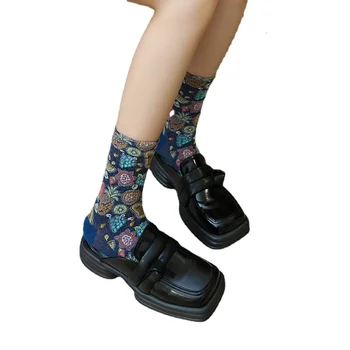 Новый корейский стиль Женские носки хлопок Harajuku Женские зимние носки Набор Кавайный цветочный принт Модная уличная одежда Симпатичный высокого качества Изображение 1