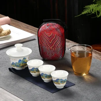 Посуда Керамические чайники с 3 чайными чашками Фарфор Гайвань Кунг-фу Teaset Портативный чайный сервиз для путешествий Посуда для напитков Подарки