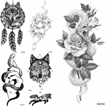 Реалистичный Цветок Змея Роза Рука Временные Татуировки Животные Для Мужчин Тело Повязка Поддельные Тату Женщины Волк Взрослые Предплечья Татуировки