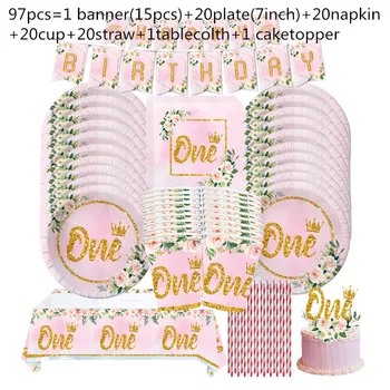 Розовый Первый С Днем Рождения Одноразовая Посуда Тарелка Солома Салфетка Чашка Baby Shower Girl 1 год День Рождения для 10-20pe0ple