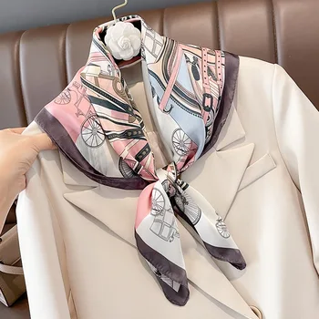 Роскошный дизайн кареты с принтом шелковые квадратные шарфы женская мода узкие галстуки на шею мягкая атласная голова хиджаб женский шейный платок платок Изображение 1