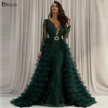 сексуальный изумрудно-зеленый женское вечернее платье с длинными рукавами Дубай Арабская русалка вечернее платье бисером кружева многоуровневый тюль выпускные вечерние платья