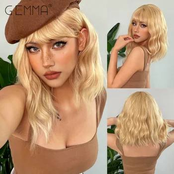Синтетический светлый блондин с длинным плечом Кудрявый парик с челкой Средние волнистые косплей Ежедневные парики для женщин Натуральные термостойкие волосы