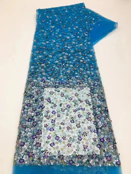 Синяя роскошная тяжелая кружевная ткань с вышивкой из бисера с пайетками Африканская кружевная ткань 2023 высокого качества для свадебного шитья