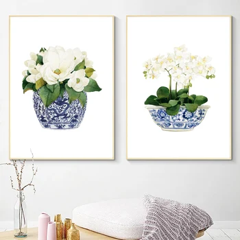 Скандинавские плакаты Белая орхидея и магнолия Шинуазри Декор Принт на холсте Восточная ваза Синий белый стиль ивы Фарфоровая цветочная банка Изображение 0