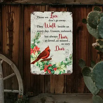 Те, кого мы любим, не уходят Оловянный металлический знак Рождество Красная птица Омела Венок Оловянный алюминиевый знак Классическое Рождество Изображение 4